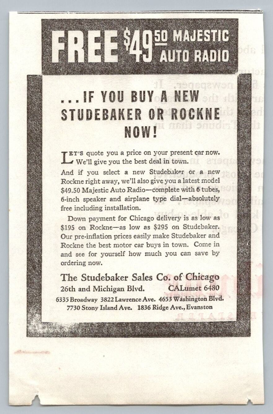 1933 Studebaker Rockne Car Chicago Auto Radio Advertisement Ephemera